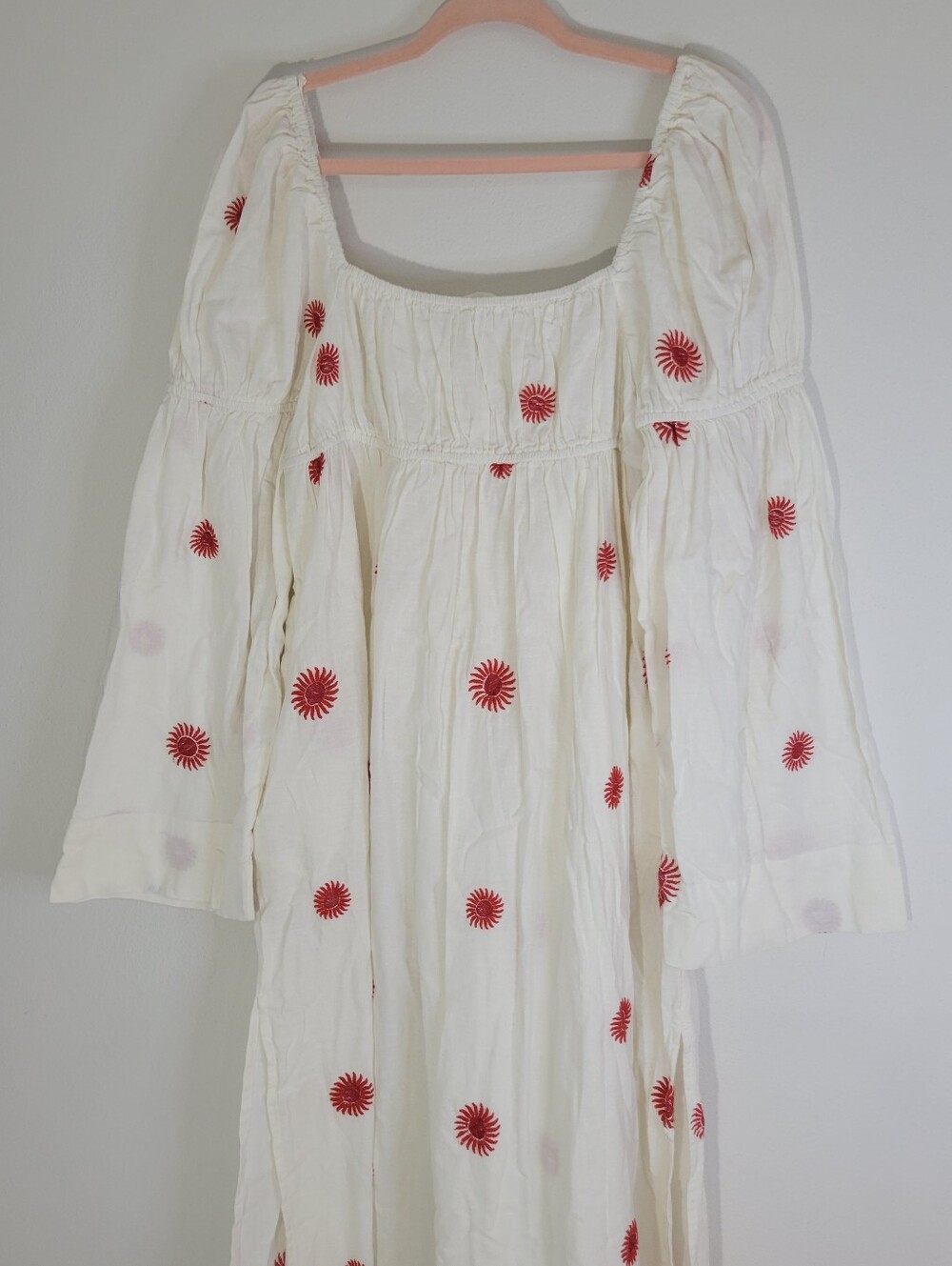 FREE PEOPLE WOMEN SIZE M White Midi Peasant Dress with Red Sunburst Embroidery - Picture 6 of 12